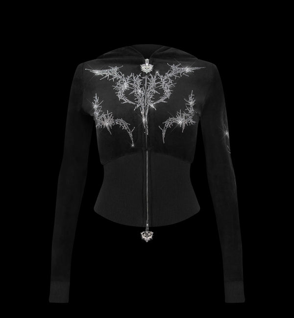 Named Collective Curse Rhinestone Velour Zip Hoodie Black